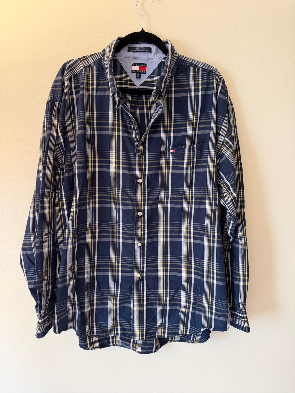 Tommy Hilfiger Navy and White Plaid Long-Sleeve Button-Down Shirt